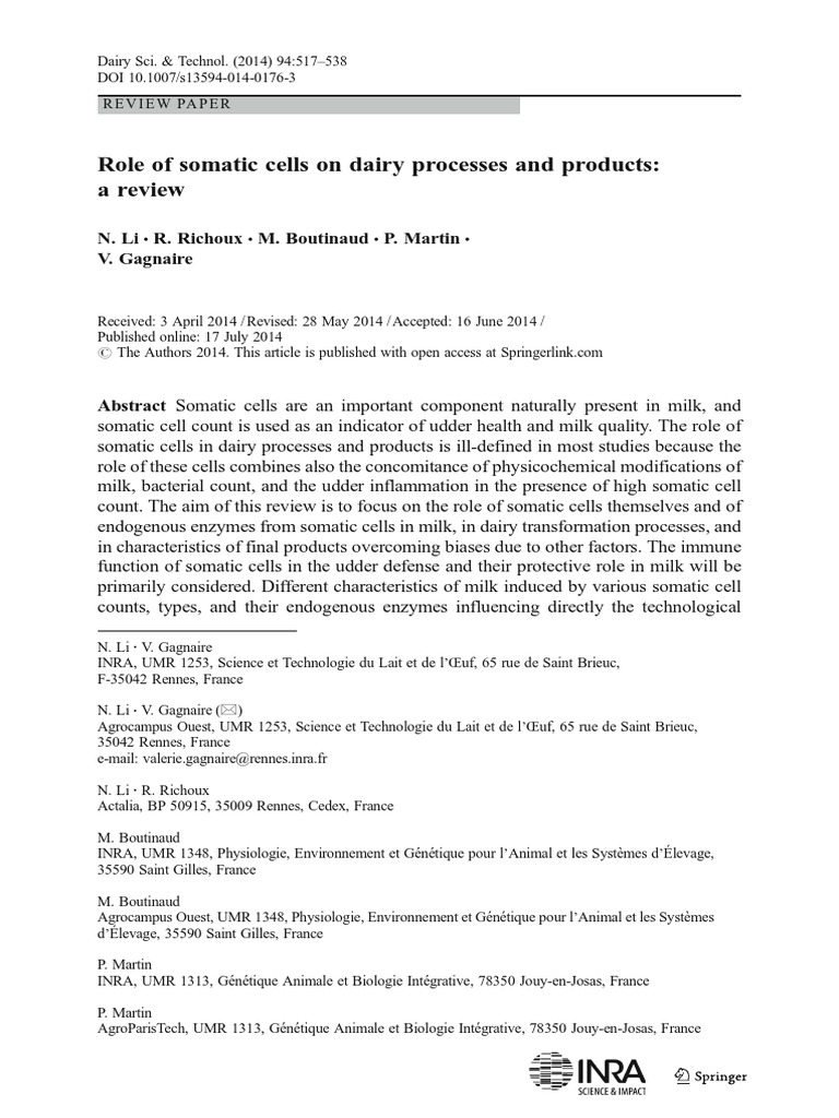 Role Of Somatic Cells On Dairy Processes And Products A Review Pdf