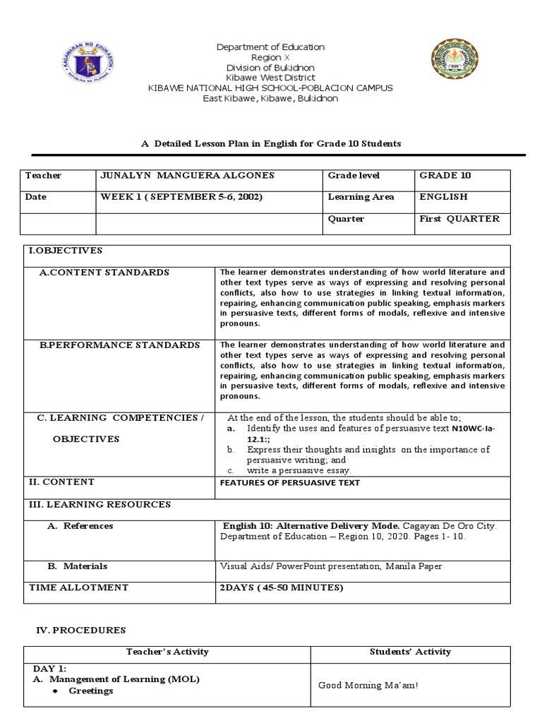 Grade 10 Persuasive Writing Lesson Plan | PDF | Persuasion | Essays