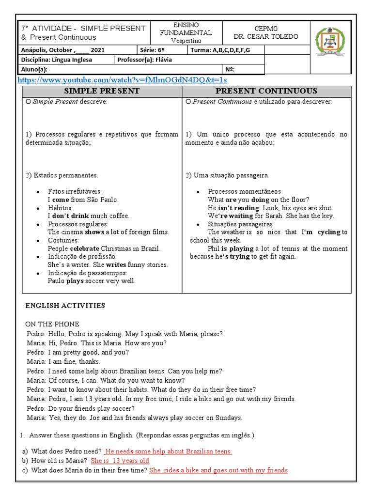 7º ATIVIDADE SIMPLE PRESENT & Present Continuous CORREÇÃO | PDF