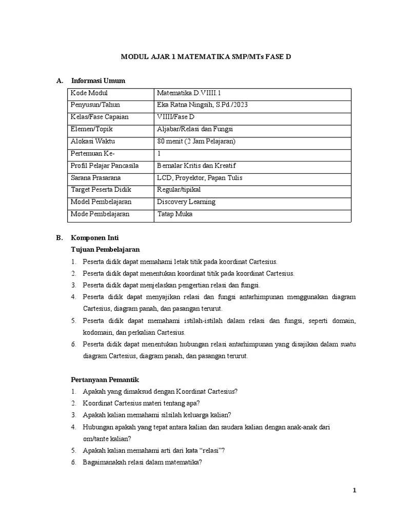 Modul Ajar Matematika Kelas IX Fase D | PDF