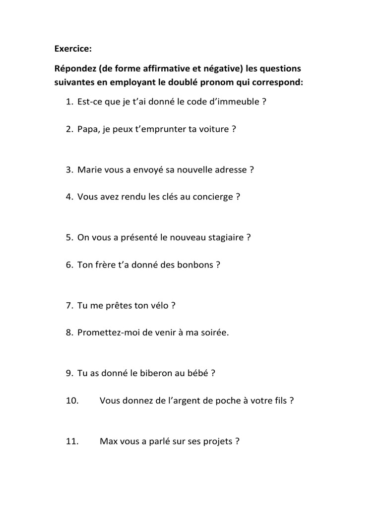 Exercices sur la double pronominalisation | PDF