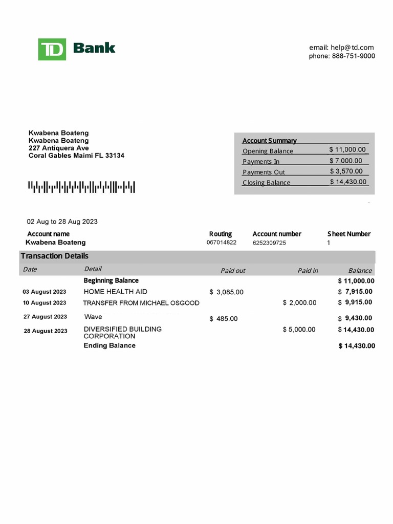 TD Bank Statement PDF