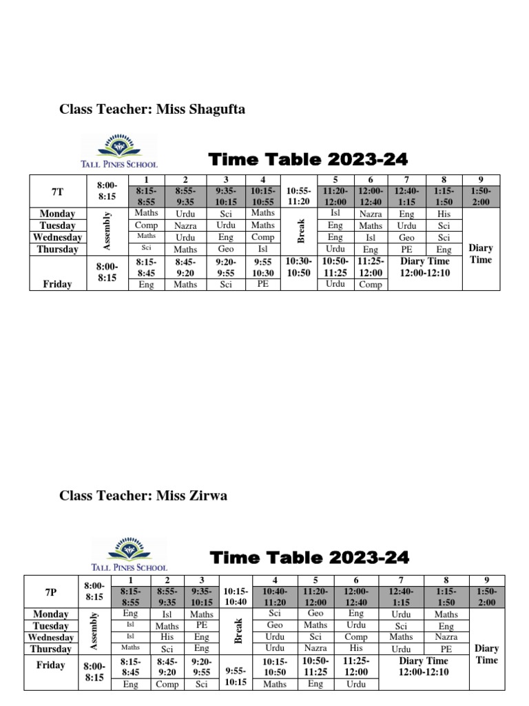 Class Time Tables Grade 7 | PDF