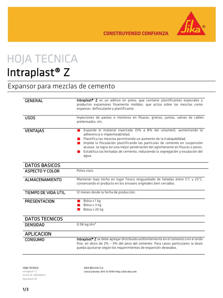 25 Intraplast® Z Rev. 17-03-15 | PDF | Cemento | Hormigón