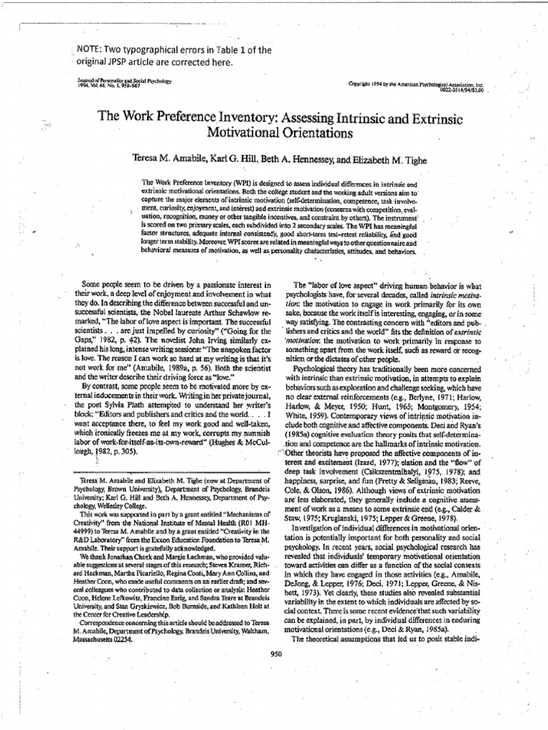 Amabile Et Al 1994 - WPI - JPSP | PDF