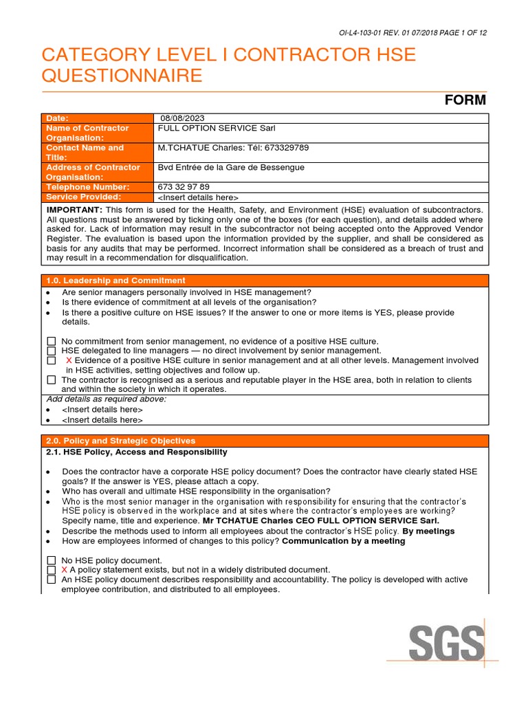 HSE Evaluation Questionnaire for Contractors | PDF | Iso 9000 | Risk