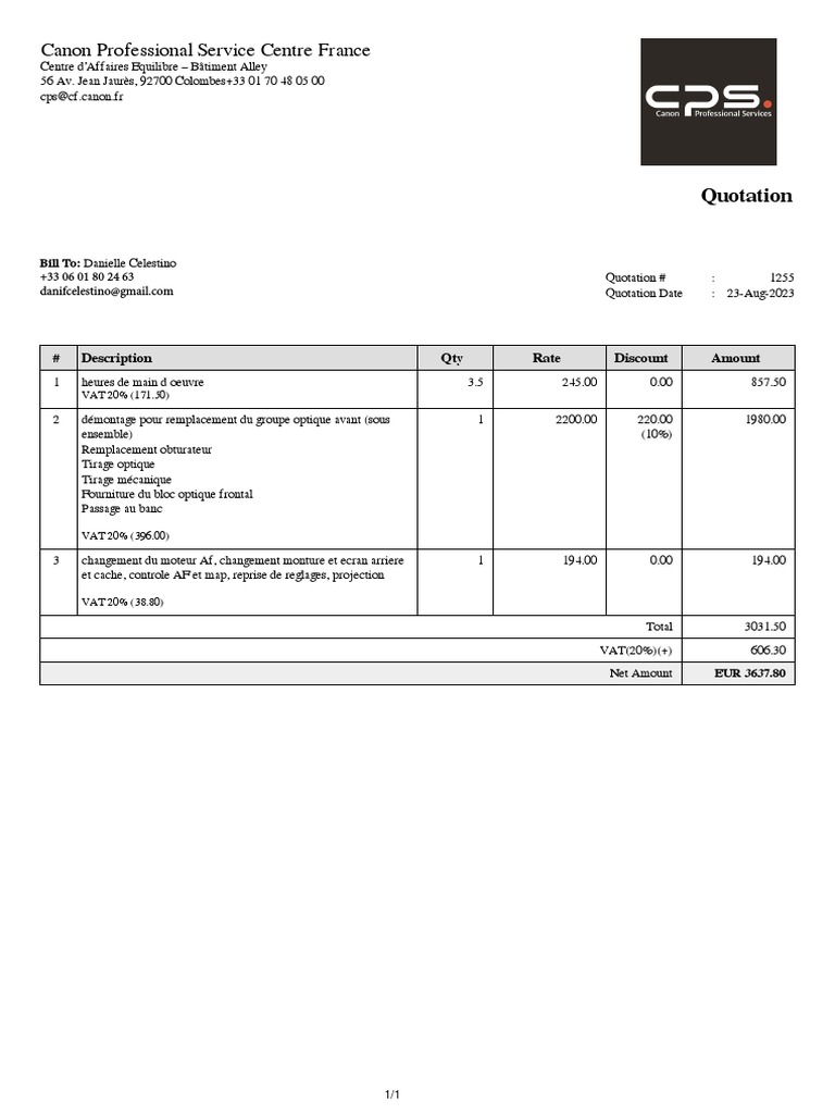 Devis pour réparation Canon 850D | PDF
