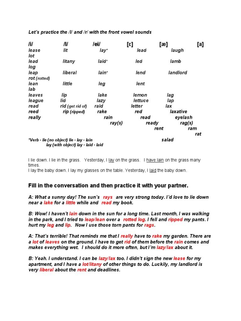 Class Notes Pronunciation of L and R With Front Vowel Sounds | PDF ...