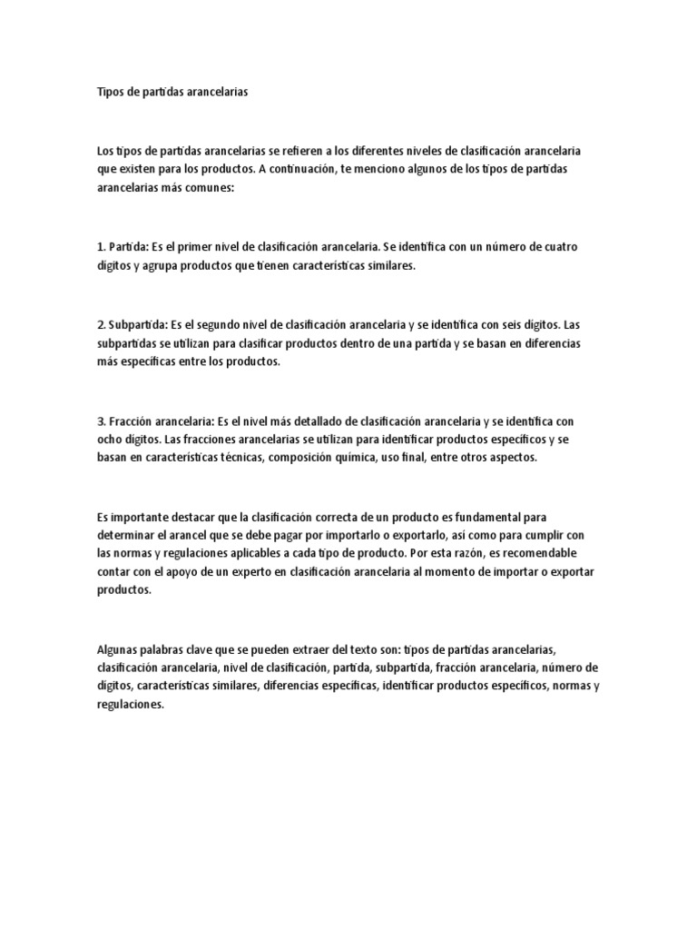 Tipos de Partidas Arancelarias PDF