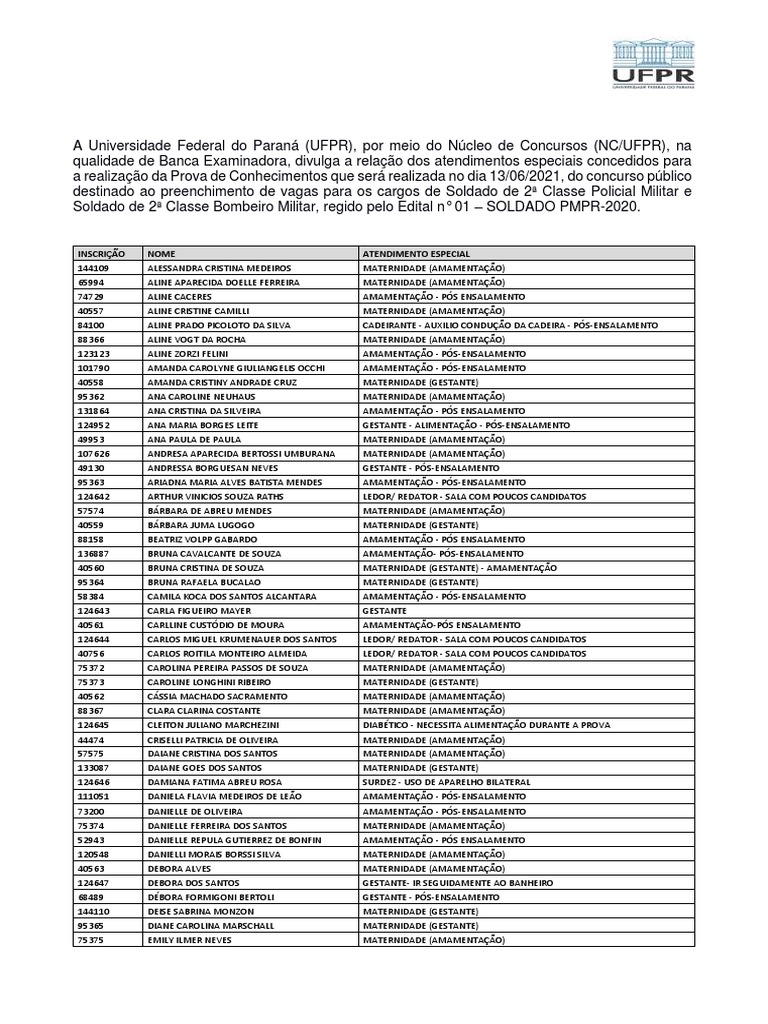Atendimentos Especiais Prova PMPR 2021 | PDF