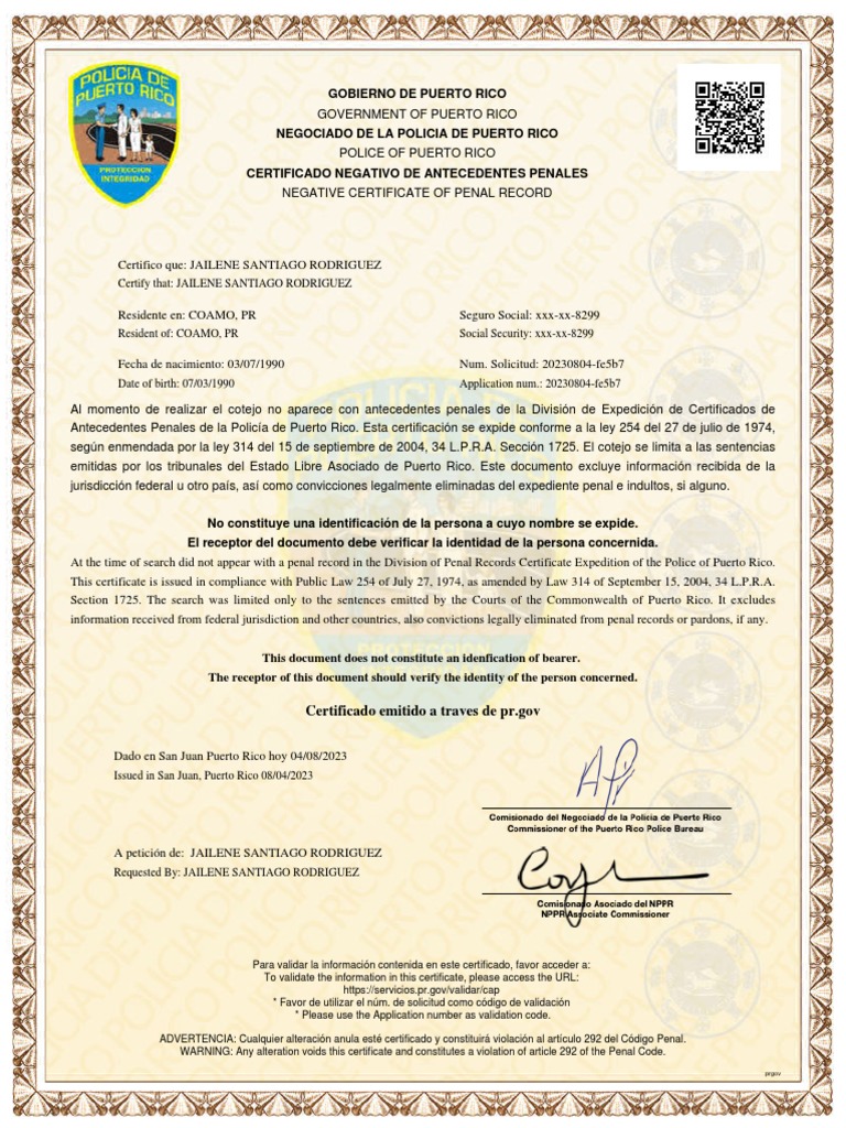 Certificado Antecedentes Penales Prgov | PDF | Puerto Rico