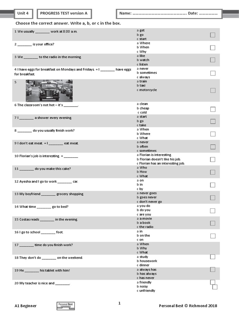 A1 Beginner Progress Test Unit 4 | PDF