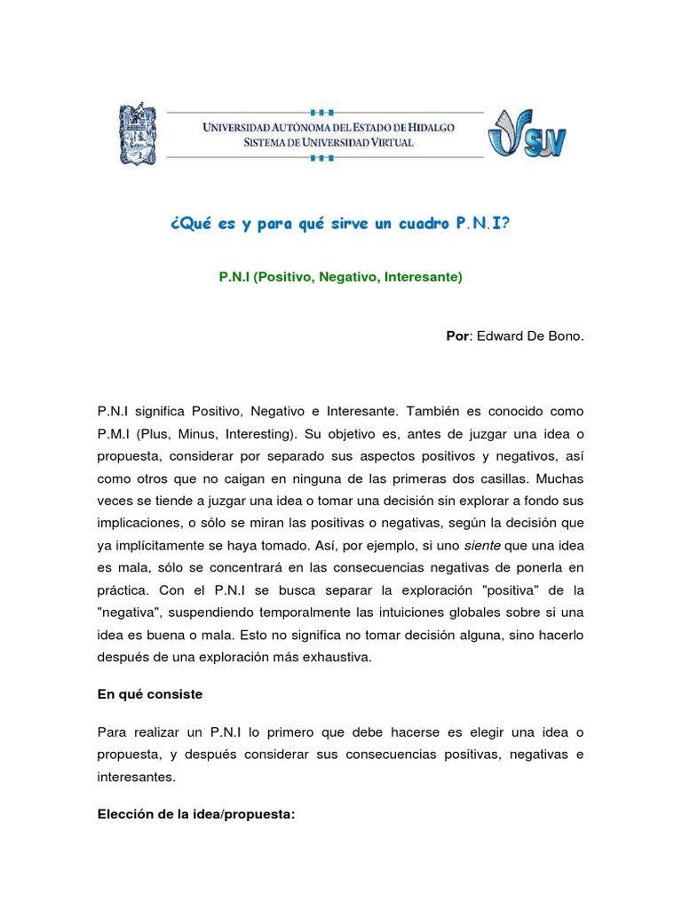 Cuadro P.N.I: Positivo, Negativo, Interesante | PDF | Pensamiento | Volcán