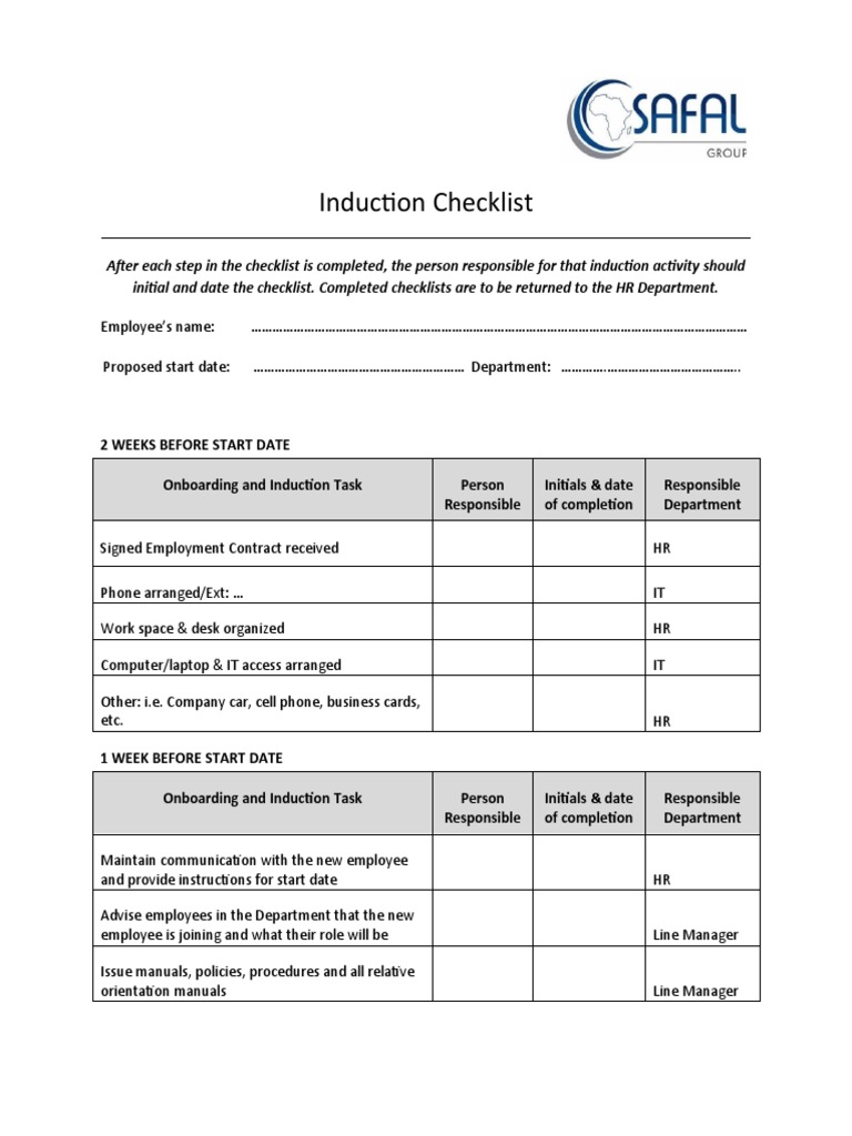 Template 1 Induction Checklist PDF Business Labor