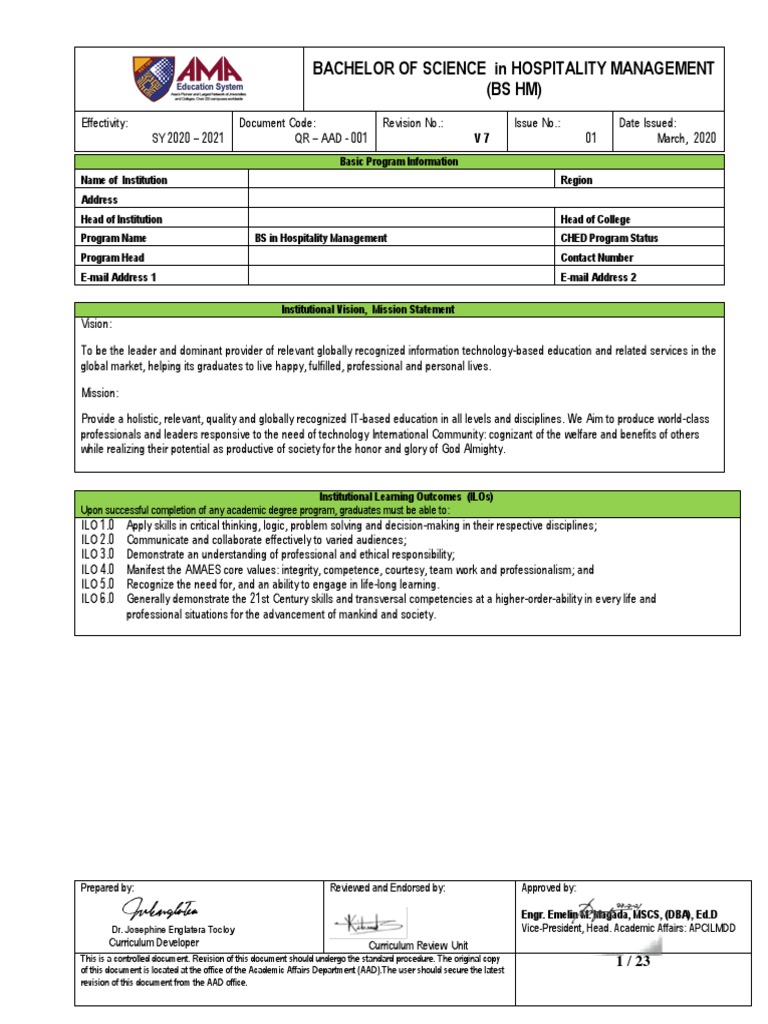 BSHM Program Overview and Objectives | PDF | Curriculum | Information