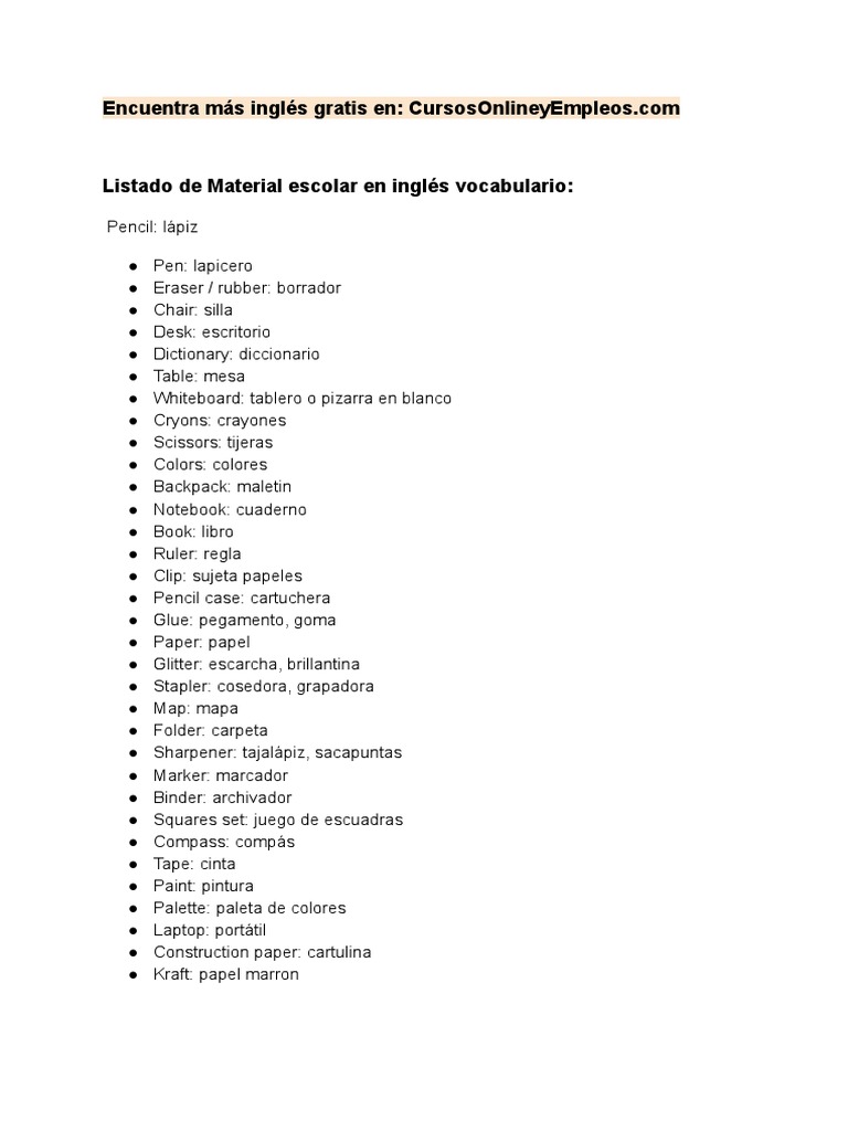 Vocabulario de útiles escolares en inglés | PDF