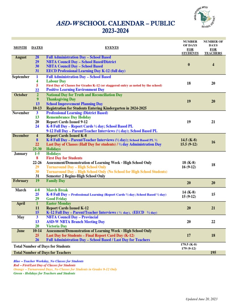 Asd W School Calendar 2023 2024 Public June 2023 | PDF | Academic Term |  Schools