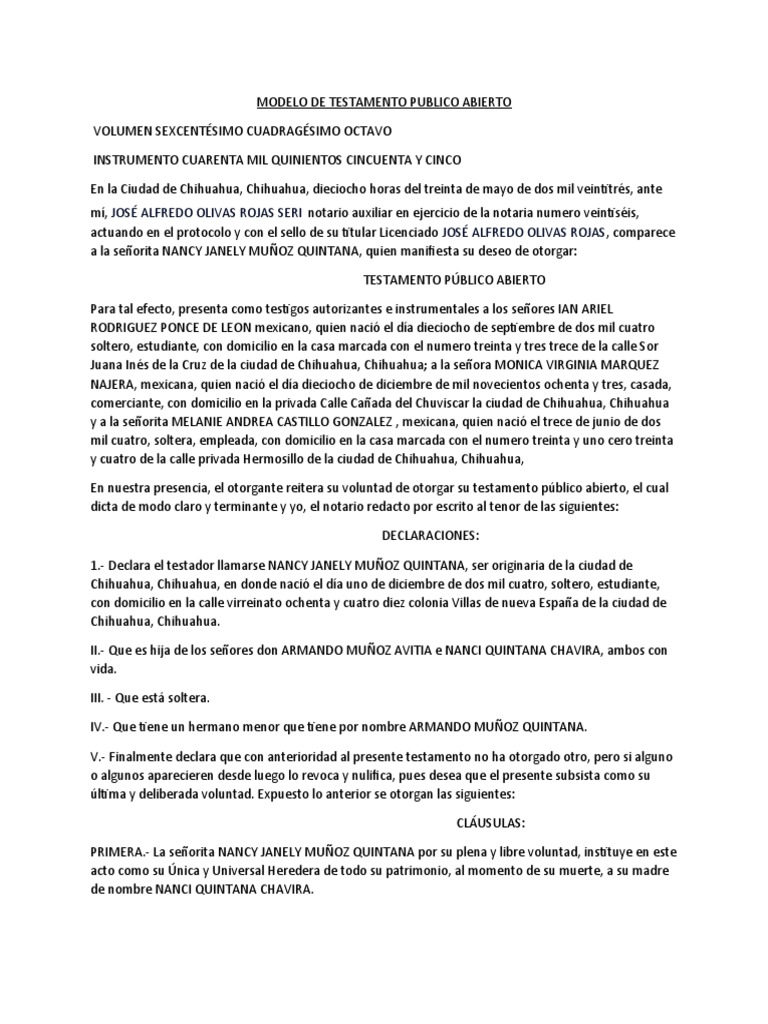 Modelo de Testamento Público Abierto | PDF | Herencia | Justicia