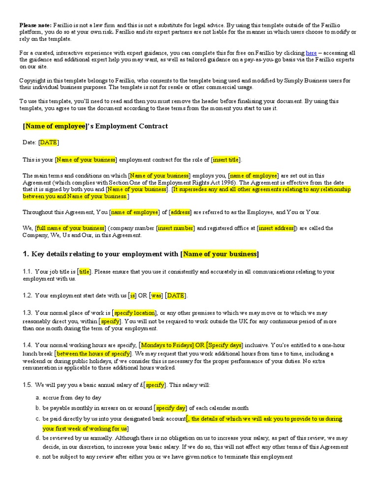 Contract of Employment Template | PDF | Intellectual Property | Employment