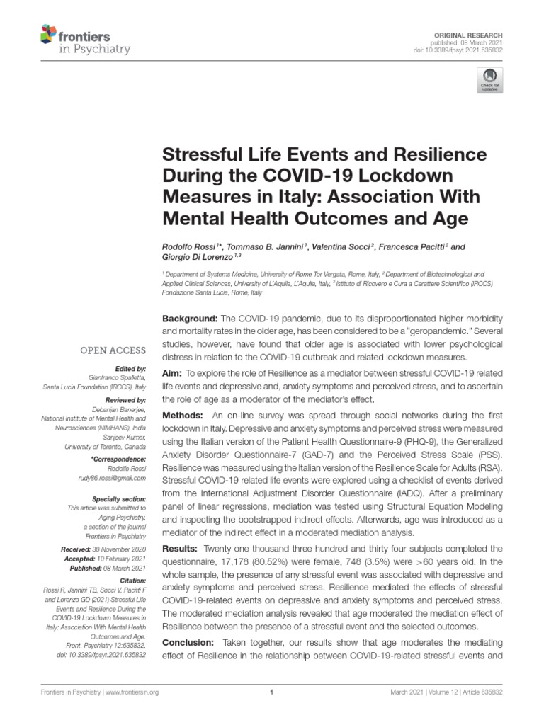 Rossi Et Al 2021 | PDF | Psychological Resilience | Mental Disorder