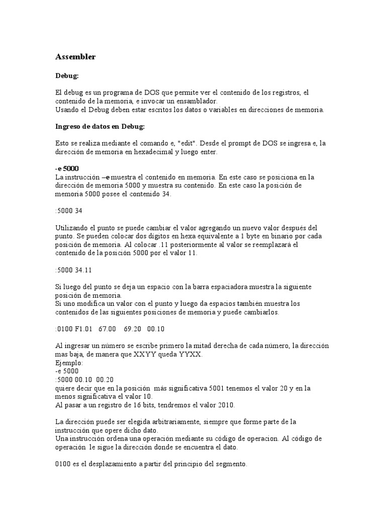 Uso de Debug en DOS Assembler | PDF | Poco | Lenguaje ensamblador