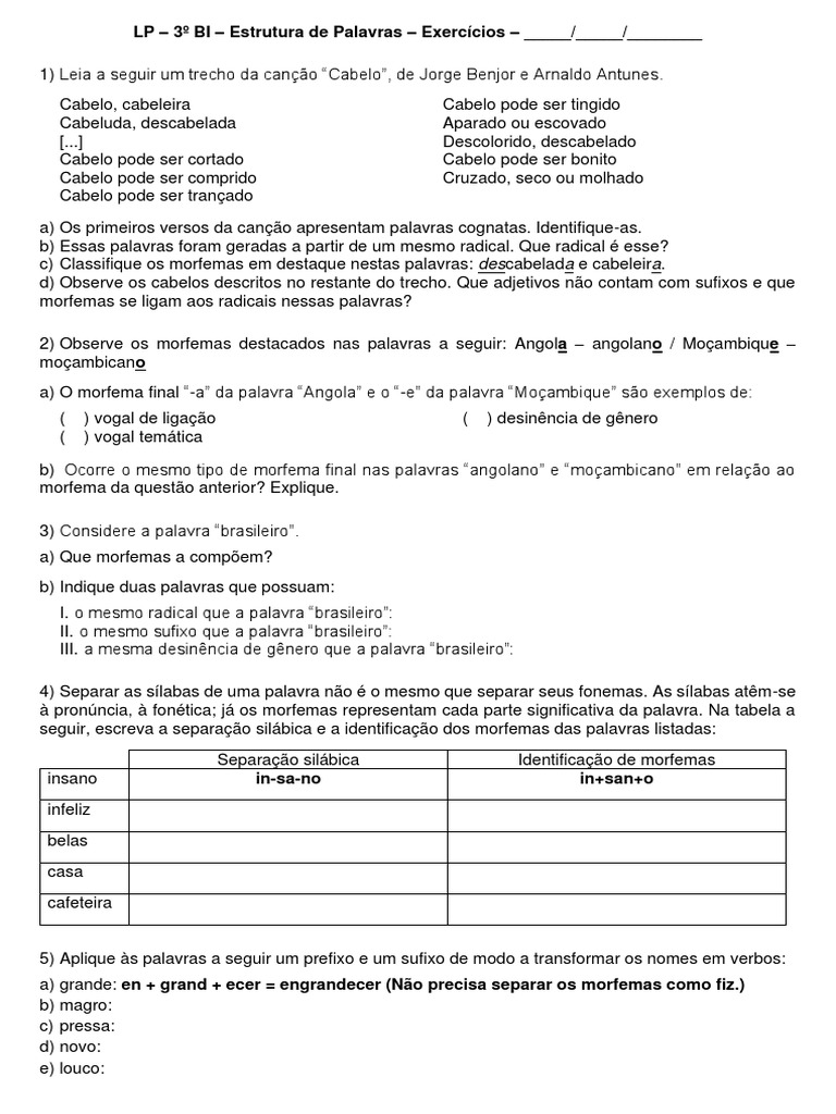 Exercícios sobre Morfologia e Sintaxe | PDF | Palavra | Vogal