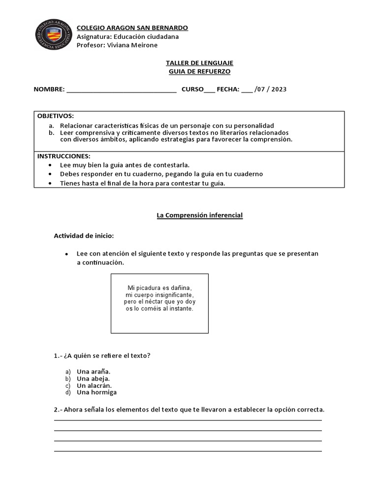 Ejercicios de Inferencia en Lectura | PDF | Inferencia