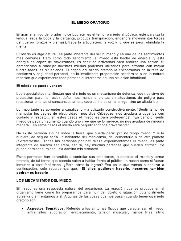 EL MIEDO ORATORIO PDF Pensamiento Temor