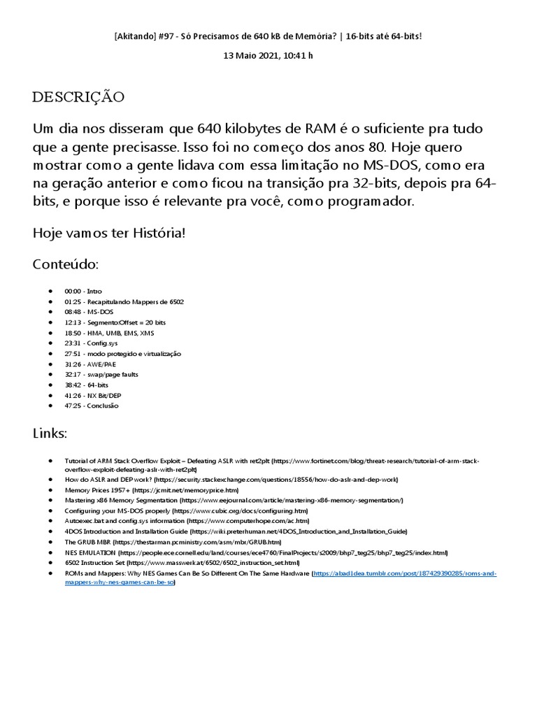  akitando 97 s precisamos de 640 kb de mem ria 16 bits at 64 bits