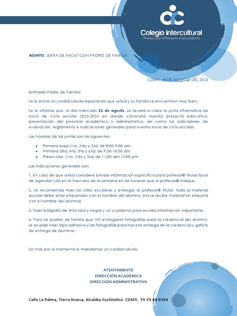 Junta Informativa Ciclo Escolar 2023-2024 | PDF