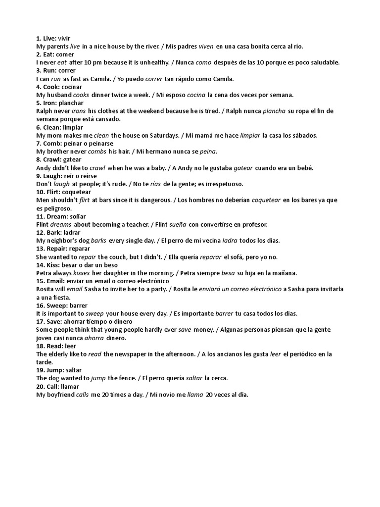 20 Verbos Comunes en Inglés y Español | PDF | Artes del Lenguaje y ...