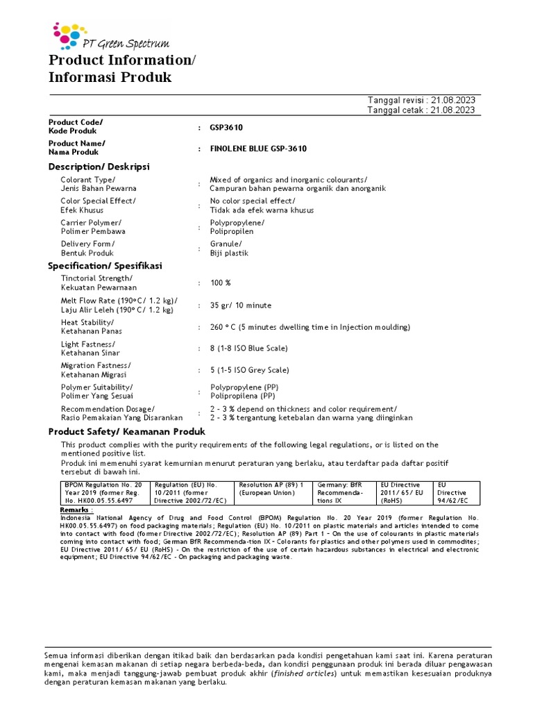 TDS - Agt 2023 | PDF | Plastic | Production And Manufacturing