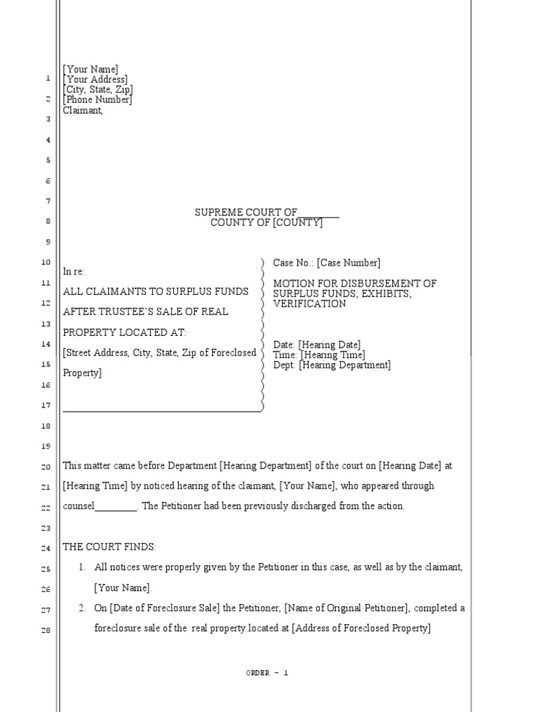 Motion for Disbursement of Surplus Funds | PDF | Foreclosure | Private Law