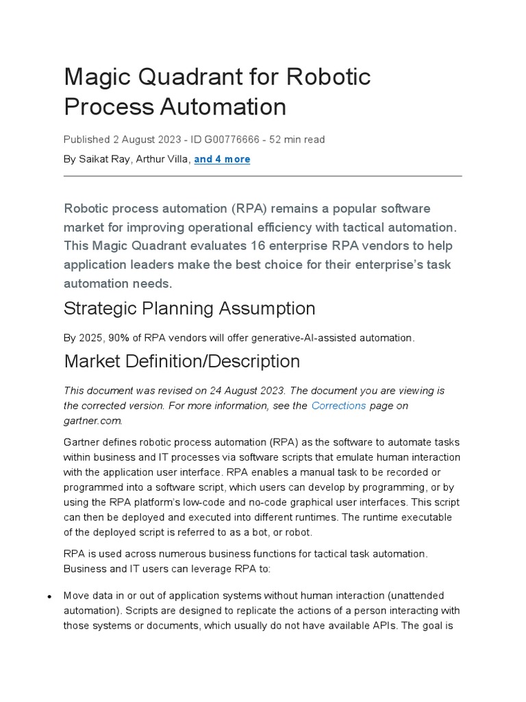 Magic Quadrant for Robotic Process Automation | PDF | Cloud Computing ...
