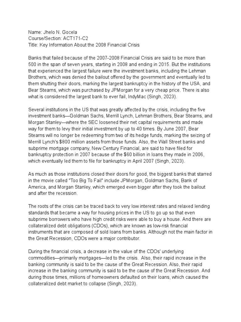 Overview of the 2008 Financial Crisis | PDF | Collateralized Debt ...