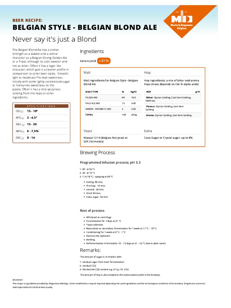 Belgian Blond Ale Recipe Dingemans Malt PDF Brewing Beer