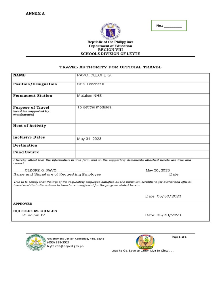 2022 Travel Order Template PDF