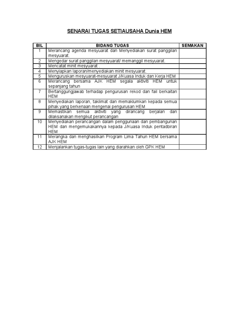 Senarai Tugas Setiausaha Pdf