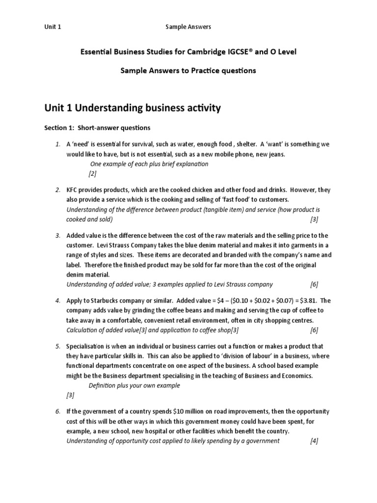 IGCSE Business Studies Essential Book Answers For Unit 1 | PDF ...