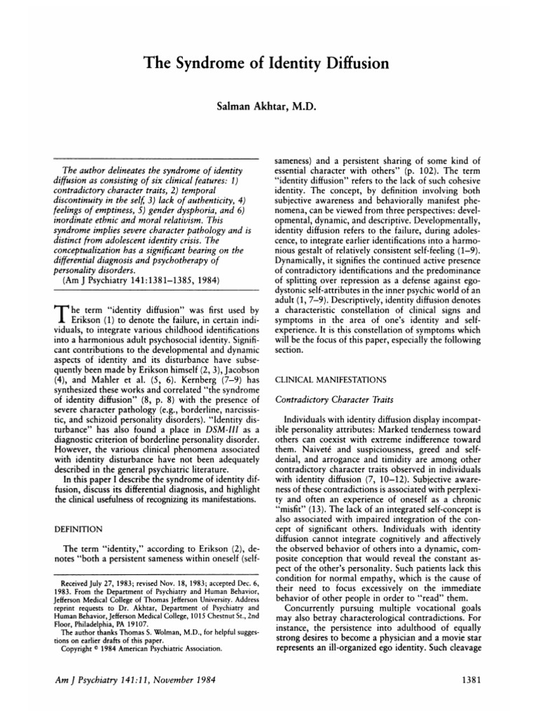 The Syndrome of Identity Diffusion 1984 PDF Identity (Social