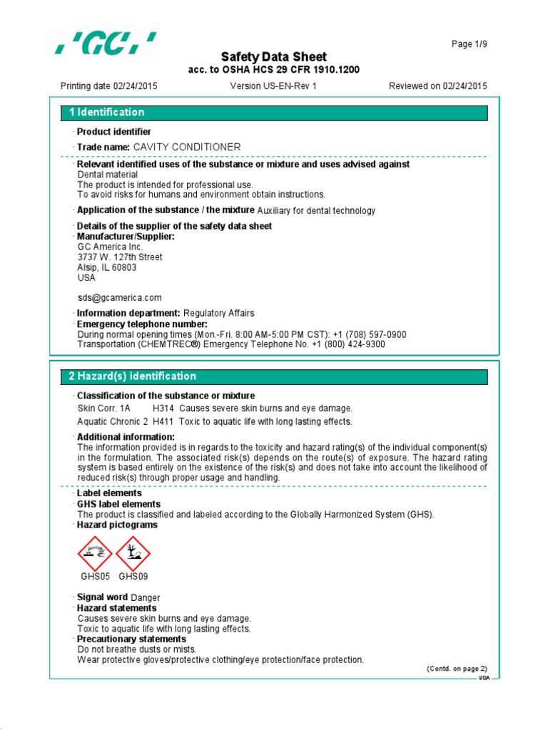 SDS Cavity Conditioner PDF Occupational Safety And Health Safety