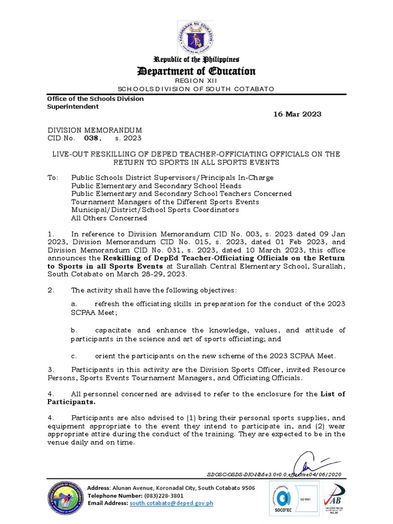 DM Cid No. 038 S. 2023 Live Out Reskilling of Deped Teacher Officiating