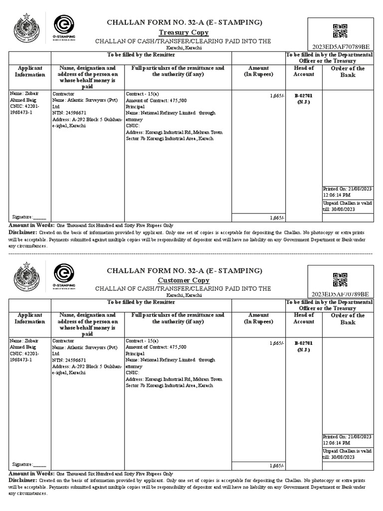 Stamp Duty Challan For NRL PDF Banks Deposit Account