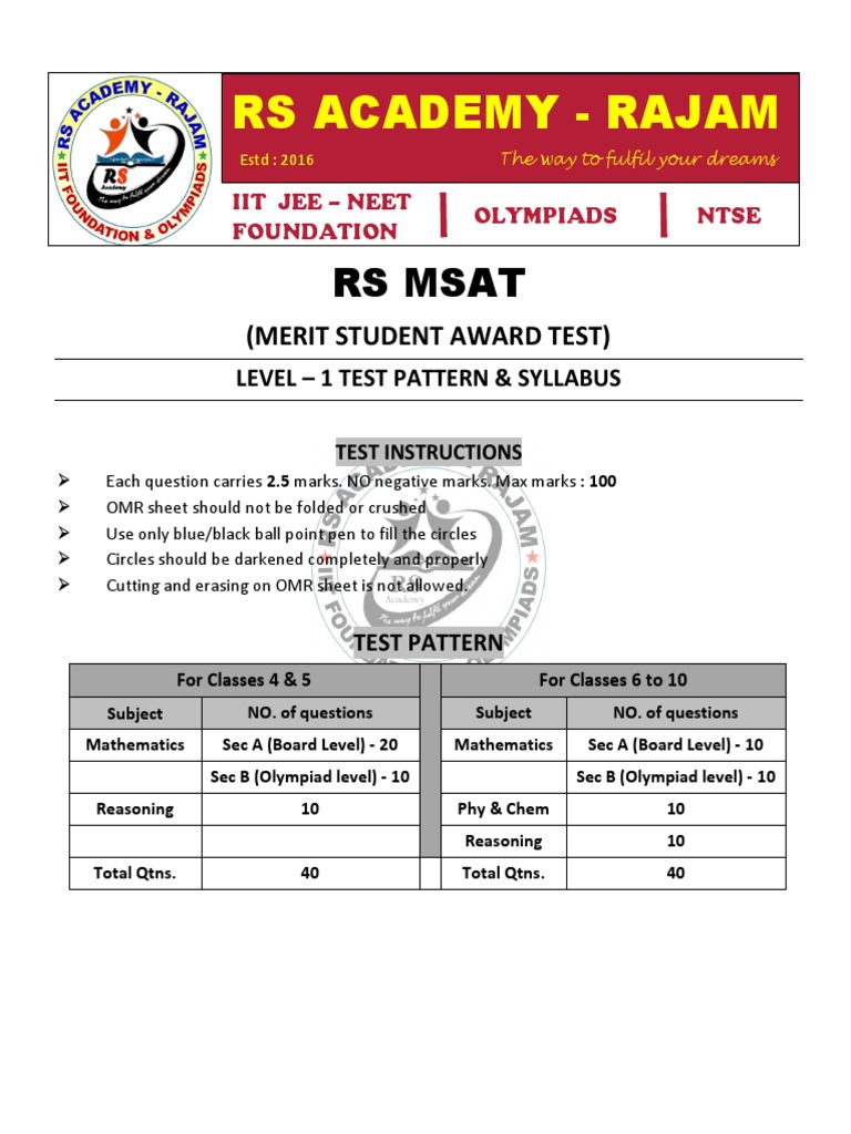 MSAT Level 1 Test Syllabus | PDF | Numbers | Geometry