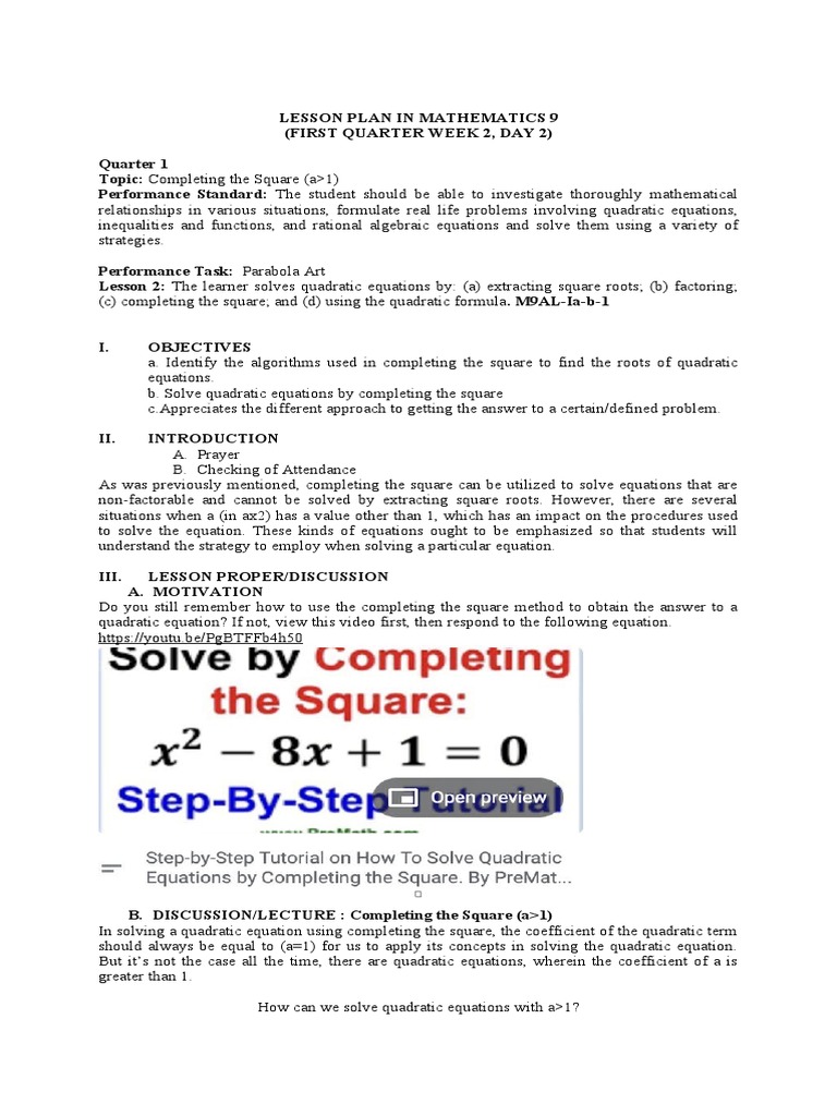 Completing The Square (A 1) PDF Quadratic Equation Equations