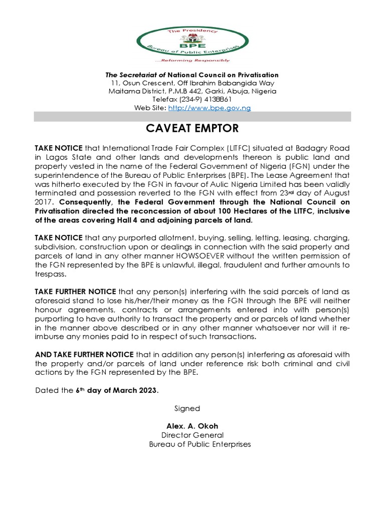 Caveat Emptor on LITFC Property in Nigeria | PDF
