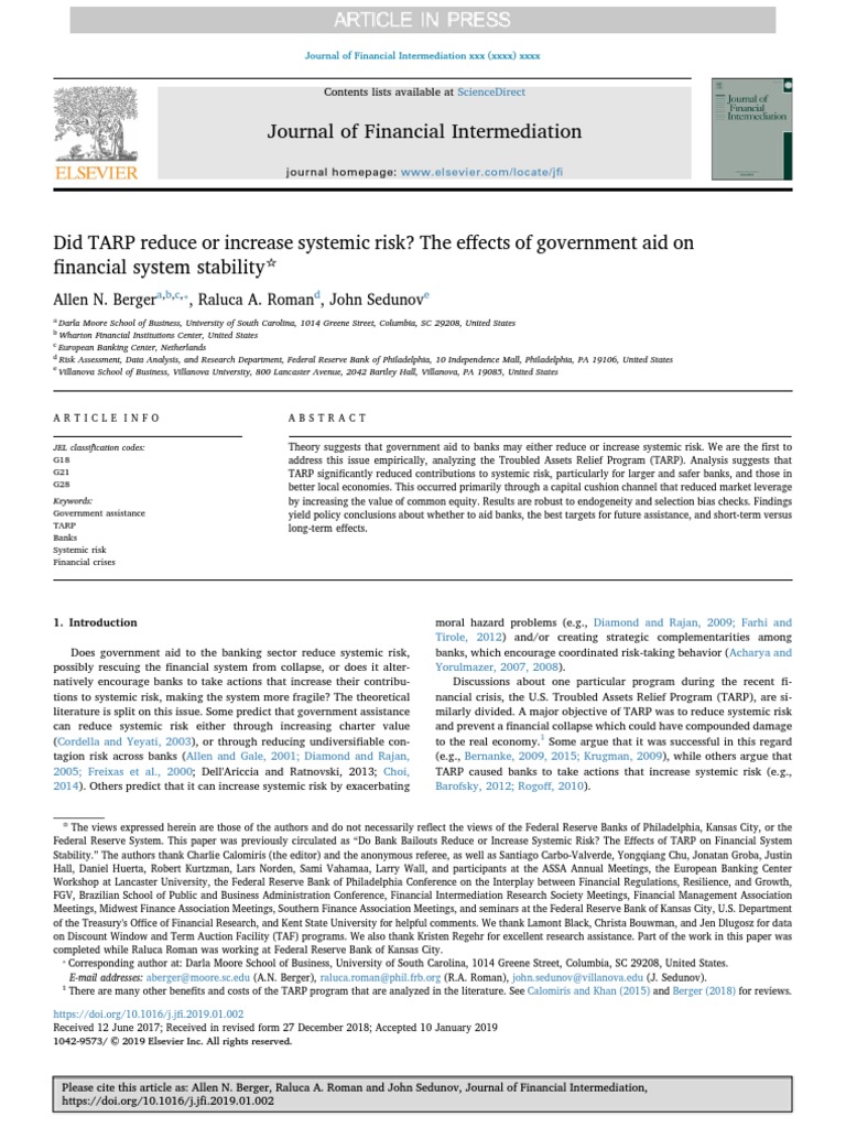 Did TARP Reduce or Increase Systemic Risk The Effects of Government Aid