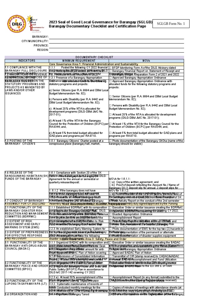 (Updated) 2023 SGLGB Form 1Documentary Checklist PDF Budget Government