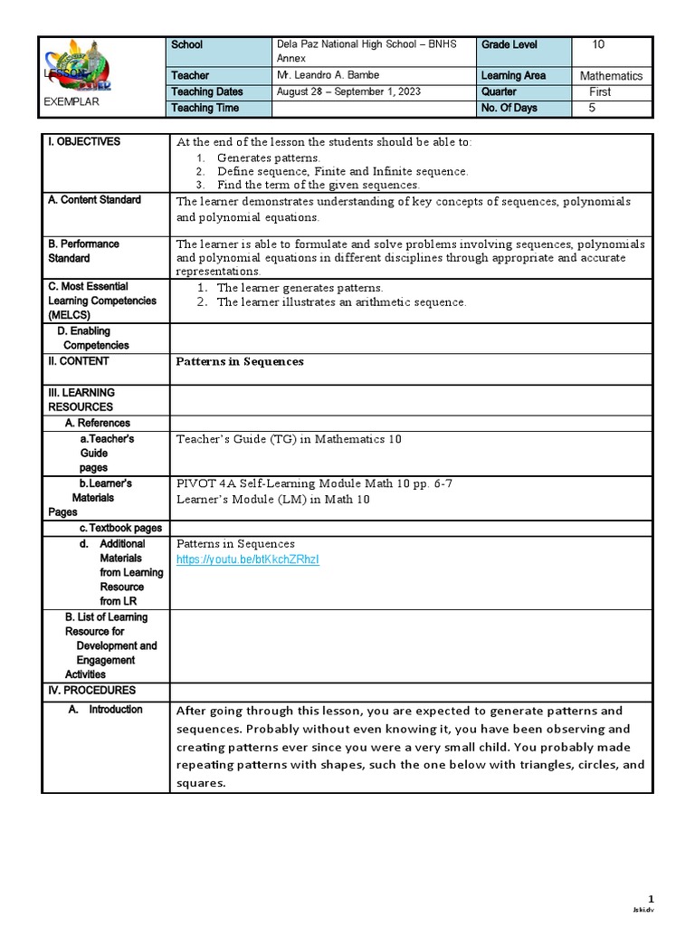 Grade 10 Math: Patterns & Sequences | PDF | Teaching Methods & Materials