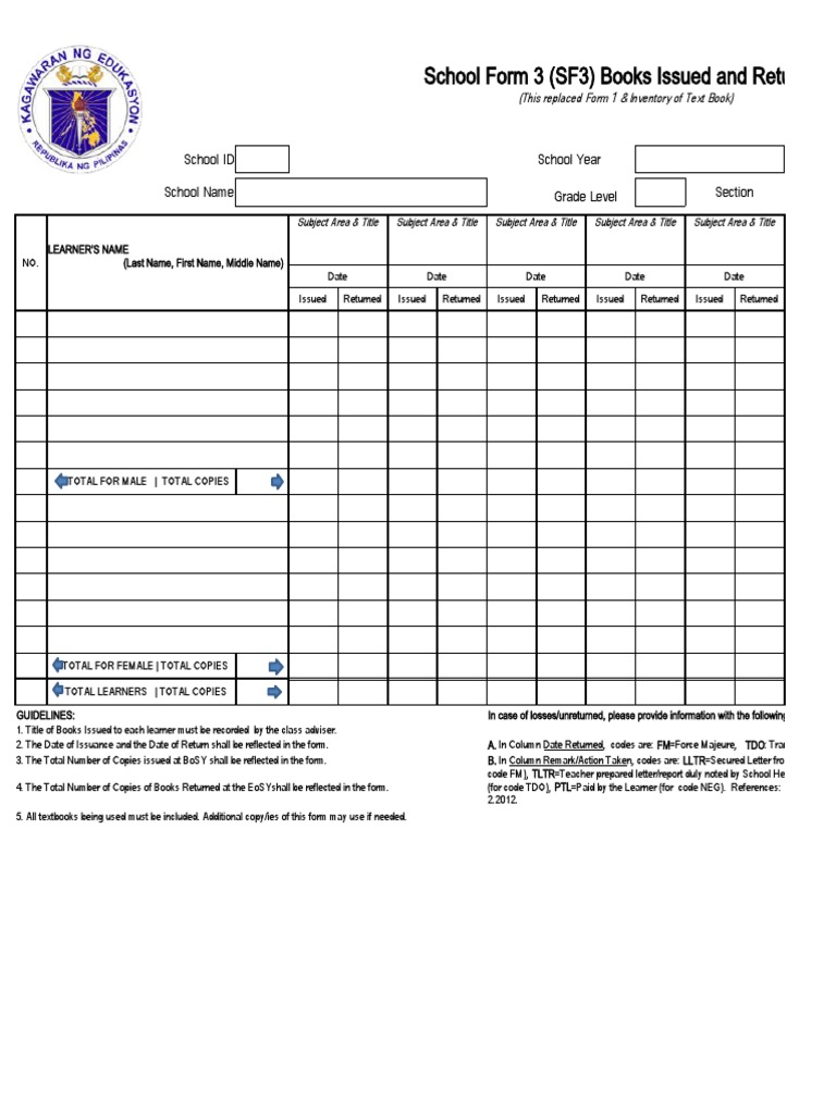 SF3 Books Issued and Returned Log | PDF